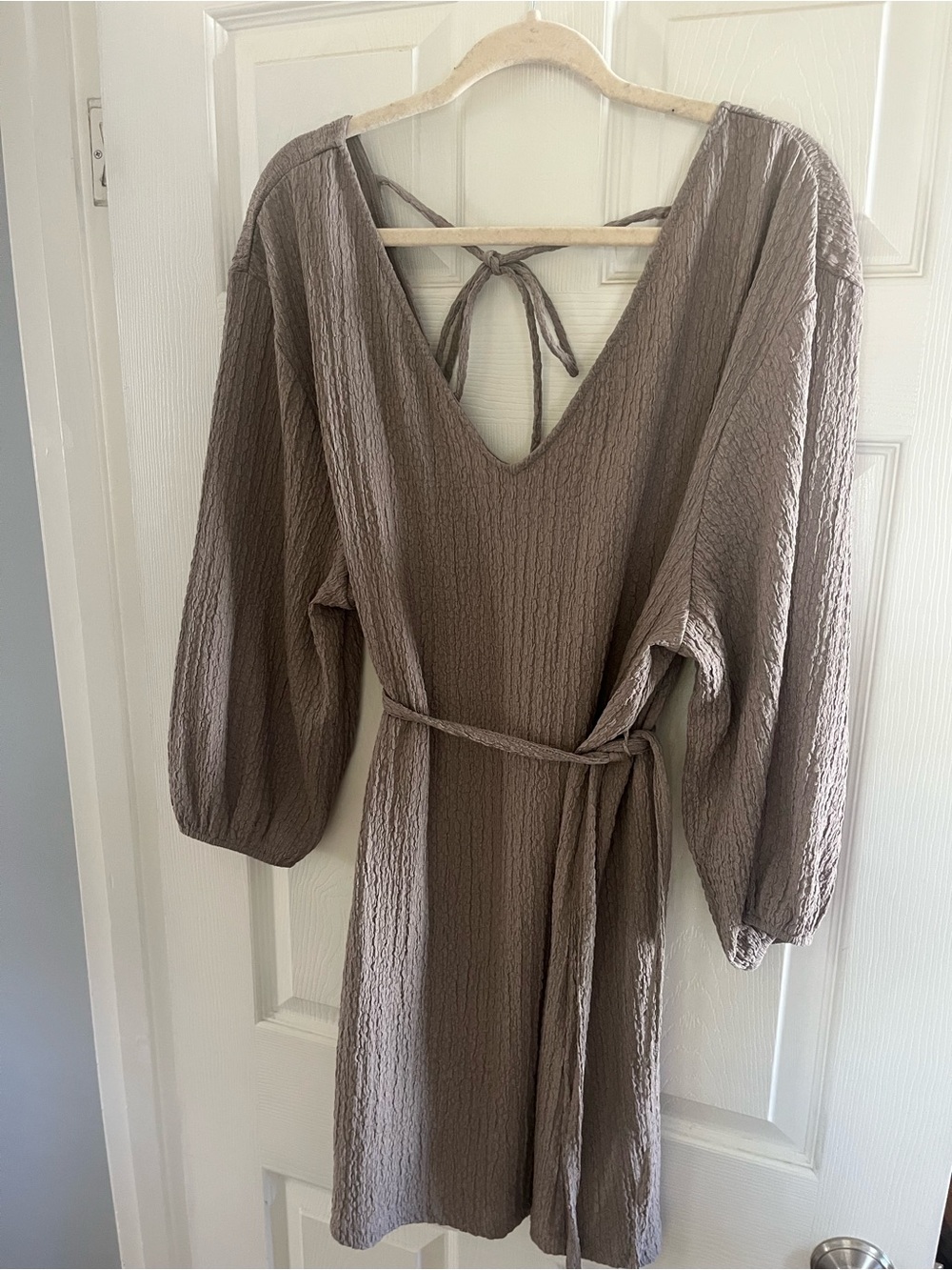 H&M Taupe Crinkle V-Neck Mini Dress with Tie Back